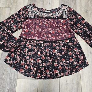 Knox Rose Floral Embroidered Tiered Relaxed Fit Peasant Top Blouse Womens Small